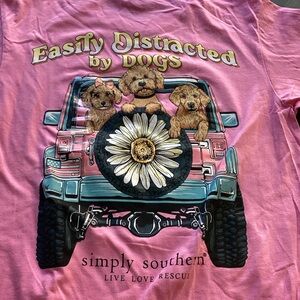 Simply Southern Easily Distracted by Dogs Pink Tee with Jeep Graphic Sz S